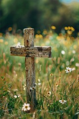 Poster - A serene image of a wooden cross standing amidst a field of colorful flowers. Ideal for religious or spiritual themes