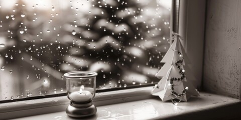 Poster - Festive candle on window sill with Christmas tree in background. Ideal for holiday and winter themes
