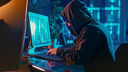 Poster - a man wearing a hoodie is sitting in front of a computer screen, focused on programming code and wor