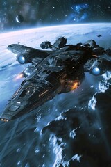 Aufkleber - Spaceship flying over a planet with a moon in the background. Ideal for sci-fi and space exploration concepts