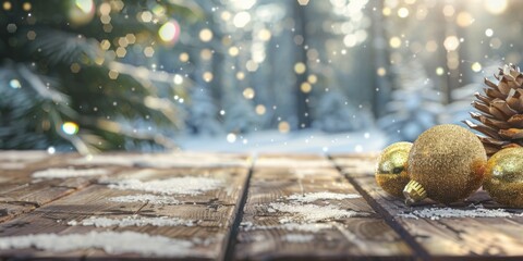 Aufkleber - A wooden table adorned with Christmas ornaments and pine cones. Perfect for holiday season designs