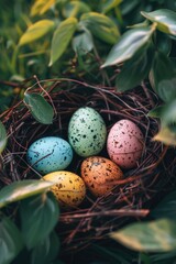 Poster - Four eggs in a nest on a tree. Suitable for nature and wildlife themes