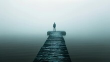 A Person Stands Alone On A Pier Surrounded By Thick Fog During The Early Morning Hours, An Eerie Apparition Standing At The End Of A Foggy Pier, AI Generated