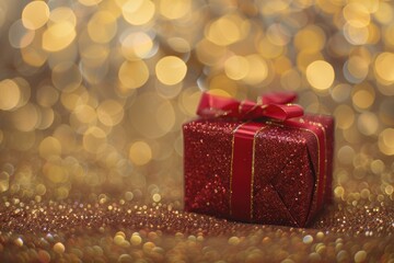 Poster - A red gift box sitting on top of a table. Ideal for holiday and celebration concepts