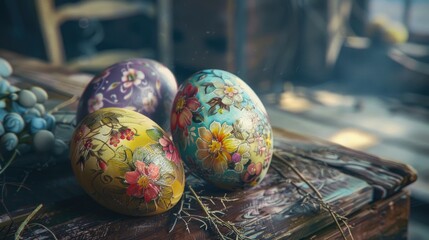 Poster - Colorful painted eggs displayed on rustic wooden table. Perfect for Easter or spring themed designs