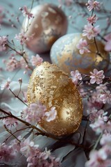 Poster - Close up of a golden egg surrounded by pink flowers, suitable for various spring and Easter concepts