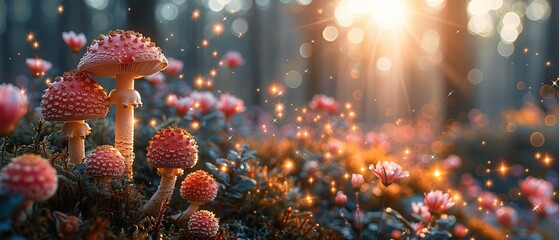 Poster - Luminous pink rose flowers in an enchanted elf forest with shining glowing stars and morning sun rays on a mysterious background.