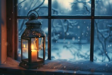 Aufkleber - A candle burning on a snowy window sill, perfect for winter-themed designs