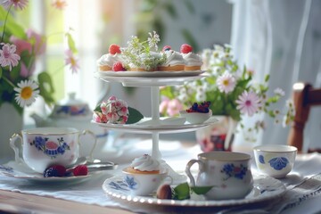 Poster - A table topped with three tiered plates filled with cupcakes. Perfect for bakery or celebration concepts