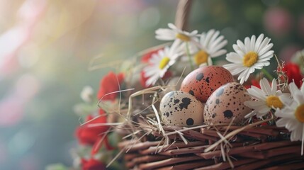 Poster - A basket filled with eggs and flowers on a table. Perfect for Easter and spring-themed designs