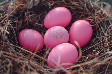 Aufkleber - Four pink eggs resting in a nest of straw. Suitable for Easter or spring-themed designs