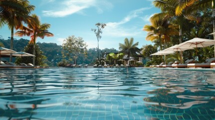 Poster - A serene swimming pool with lounge chairs and umbrellas. Perfect for travel brochures or lifestyle magazines