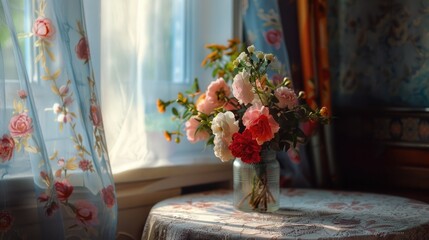Poster - A vase of flowers on a table by a window, suitable for home decor