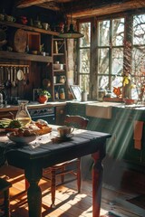 Poster - A cozy kitchen interior with wooden table and window. Perfect for home decor websites