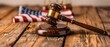 Justice and Freedom: Gavel and Flag. Concept Law and Legislation, Justice System, Civil Rights, Patriotism, Legal Proceedings