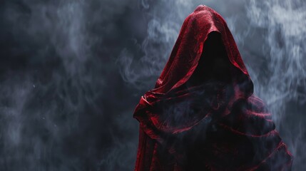 Wall Mural - A person in a red cloak standing in front of smoke. Perfect for mystery and suspense concepts