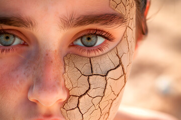 Portrait of a sad woman with completely dry, cracked skin resembling a desert landscape,close-up,concept,self-care,cosmetology,beauty industry