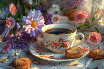 Poster - A cup of coffee and some cookies on a table. Ideal for food and beverage concepts