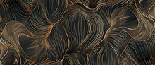 A Hand Drawn Line Art Pattern Of Intricate Leaf Shapes, Made From Thin Gold Lines On A Dark Grey Background