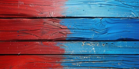 Poster - Detailed close up of red and blue painted wood, suitable for backgrounds and textures