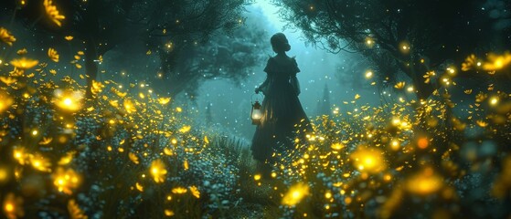 Canvas Print - In a magical elvish forest, a girl holds a lantern while walking through a fantasy fairy tale forest, a ghost rose bloom is locked in a bottle and rays of the moon weave in between the plants, and