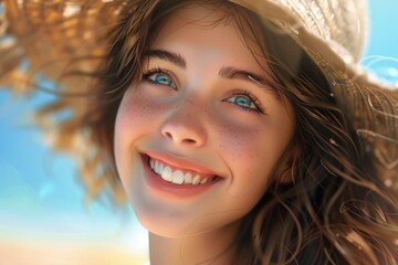 Aufkleber - A woman wearing a straw hat on a sandy beach. Perfect for summer vacation concepts