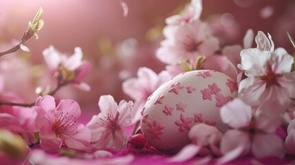 Poster - Close up of a white egg surrounded by pink flowers. Perfect for Easter or spring-themed designs