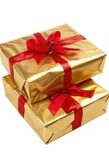 Wall Mural - Two elegant gold wrapped presents with a festive red bow. Perfect for holiday and celebration concepts