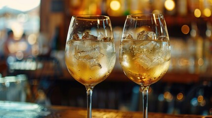 Poster - Two wine glasses filled with ice on a bar. Suitable for beverage or nightlife concepts