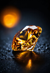 Wall Mural - Closeup of a yellow gemstone diamond surrounded by orange sparks isolated on dark background
