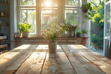 Poster - A simple wooden table topped with a vase of flowers. Suitable for home decor or interior design projects