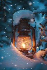 Aufkleber - An old-fashioned lantern glowing in the snow, suitable for winter and holiday themes
