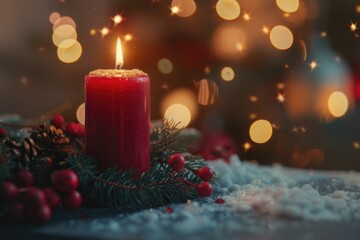Poster - A lit candle sitting on a snowy table. Perfect for winter-themed designs