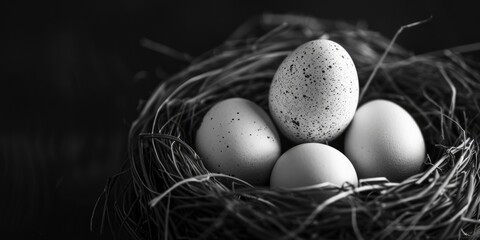 Poster - Four eggs in a nest on a black background, ideal for Easter or nature-themed designs