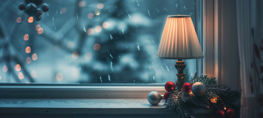 Poster - A festive Christmas tree with a glowing lamp on a window sill, perfect for holiday decorations