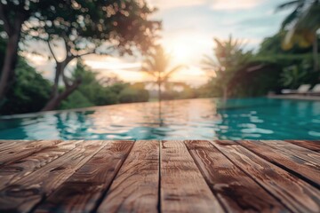 Poster - A wooden deck by a sparkling swimming pool, ideal for travel brochures