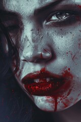 Wall Mural - Close-up of a woman with blood on her face, suitable for horror or crime scenes