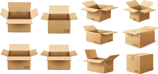Poster - Open and closed cardboard box. Delivery package in side, front and top view