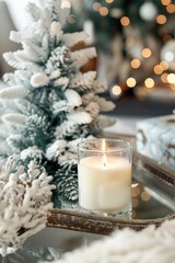 Aufkleber - Lit candle on table next to festive Christmas tree. Perfect for holiday decorations