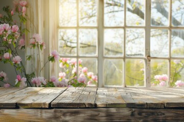 Poster - A wooden table placed in front of a window. Ideal for home decor or interior design concepts