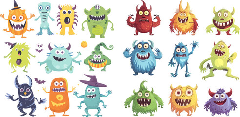 Cute cartoon monsters. Comic halloween joyful monster characters