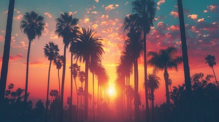 Wall Mural - beautiful retro neon sunset with palm trees in high resolution and quality