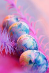 Aufkleber - Close up of three painted eggs on a pink feather, perfect for Easter decorations