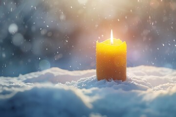 Poster - A yellow candle burning in the snow, perfect for winter themes