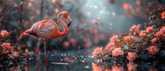 Fantasy magical enchanted fairy tale landscape with flamingos, beautiful pink rose rose flower garden on mysterious blue background.