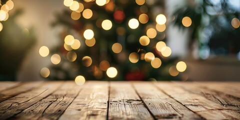 Poster - A festive wooden table with a Christmas tree in the background. Perfect for holiday-themed designs
