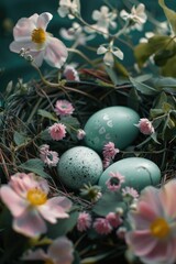 Poster - Three eggs in a nest surrounded by pink flowers. Ideal for spring-themed designs