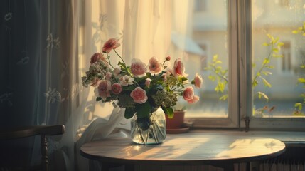 Fototapete - A vase of flowers on a table near a window, suitable for home decor