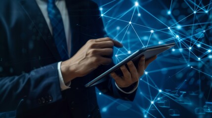 Poster - Work on a digital tablet computer. Business internet network technologies, social media marketing, financial and banking, data links, digital technology, and global business concept.