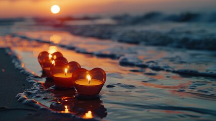 Poster - Group of candles on sandy beach, suitable for relaxation concept